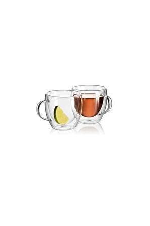 Neskafe Çay Fincanı Çift Cidarlı Cam Kupa 250 ml Kulplu Cam Bardak 2 Adet 2037