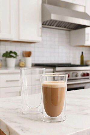 Çift Cidarlı Uzun Cam Kokteyl -Meşrubat-Latte Bardağı 350 ML 2 Adet 2323