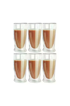 Çift Cidarlı Uzun Cam Kokteyl -Meşrubat-Latte Bardağı 350 ML 6 Adet 2323
