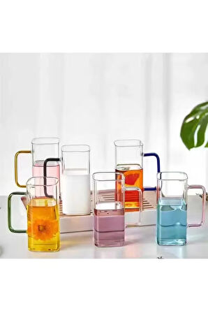 Yeni Nesil Kare Cam Sarı Kulplu Latte,meşrubat,nescafe,süt,su Bardağı 350 ml 3 Adet