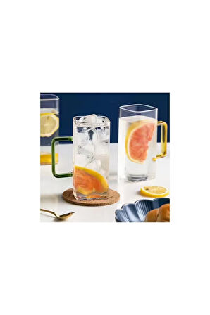 Yeni Nesil Kare Cam Yeşil Kulplu Latte, Meşrubat, Neskafe, Süt, Su Bardağı 350 ml 6 Adet