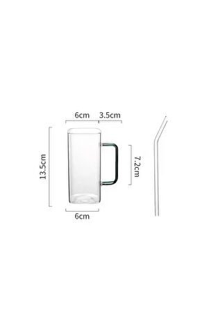 Yeni Nesil Kare Cam Yeşil Kulplu Latte, Meşrubat, Neskafe, Süt, Su Bardağı 350 ml 6 Adet