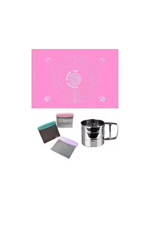 Pembe Silikon Ölçülü Çok Amaçlı Hamur Açma Matı 45 Cm X 65 Cm, Çelik Un Eleği ve Çelik Hamur Kesici