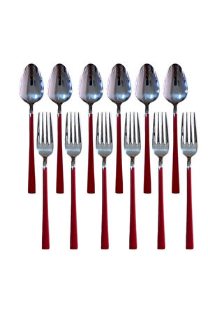 Parlak Gümüş Kırmızı Tatlı Çatal Ve Kaşık Seti - 12 Adet Kahvaltı Pasta Tatlı Çatal Kaşık Seti