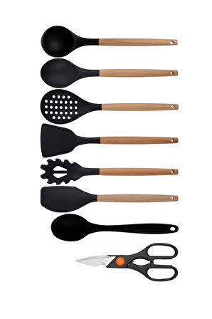 Siyah Bambu Silikon - Kepçe, Kaşık, Kevgir, Makarna, Açılı - Düz Spatula, Silikon Kaşık, Makas Set