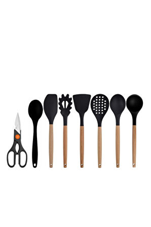 Siyah Bambu Silikon - Kepçe, Kaşık, Kevgir, Makarna, Açılı - Düz Spatula, Silikon Kaşık, Makas Set