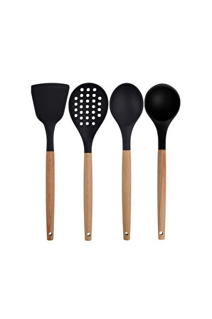 Siyah Bambu Silikon - Kepçe, Kaşık, Kevgir, Makarna, Açılı - Düz Spatula, Silikon Kaşık, Makas Set