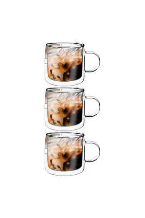 Çift Cidarlı Kahve,Latte,Çay Bardağı Seti -250 ML Cam Kupa Seti 3 Adet 2128