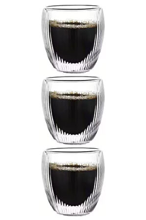 Çift Cidarlı Çizgili Cam,Kahve,Latte,Ekspresso,Meşrubat 250 ML Bardak Seti 3 Adet 2321
