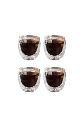 Çift Cidarlı Çizgili Cam, Kahve, Latte, Espresso, Meşrubat 250 ml Bardak Seti 4 Adet 2321