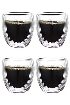 Çift Cidarlı Çizgili Cam, Kahve, Latte, Espresso, Meşrubat 250 ml Bardak Seti 4 Adet 2321