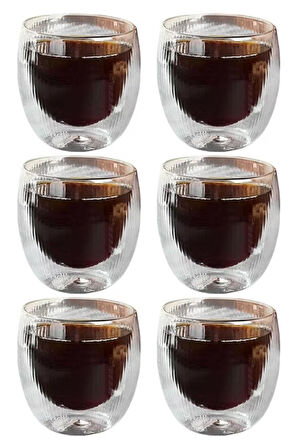 Çift Cidarlı Çizgili Cam,Kahve,Latte,Ekspresso,Meşrubat 250 ML Bardak Seti 6 Adet 2321
