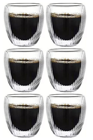 Çift Cidarlı Çizgili Cam,Kahve,Latte,Ekspresso,Meşrubat 250 ML Bardak Seti 6 Adet 2321