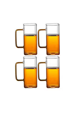 Yeni Stil Turuncu Renkli Borosilikat Cam Kare Nescafe,Latte,Kahve Kulplu Kupa 350 ML 4 Adet 2950