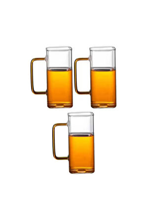 Yeni Stil Turuncu Renkli Borosilikat Cam Kare Nescafe,Latte,Kahve Kulplu Kupa 350 ML 3 Adet 2950