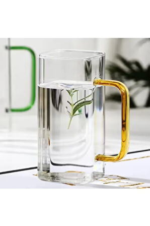 Yeni Stil Turuncu Renkli Borosilikat Cam Kare Nescafe,Latte,Kahve Kulplu Kupa 350 ML 3 Adet 2950