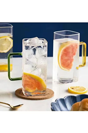 Yeni Stil Turuncu Renkli Borosilikat Cam Kare Nescafe,Latte,Kahve Kulplu Kupa 350 ML 3 Adet 2950
