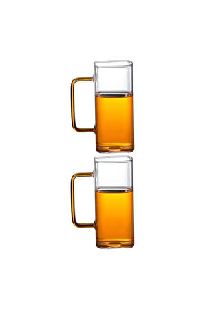 Yeni Stil Turuncu Renkli Borosilikat Cam Kare Nescafe,Latte,Kahve Kulplu Kupa 350 ML 2 Adet 2950