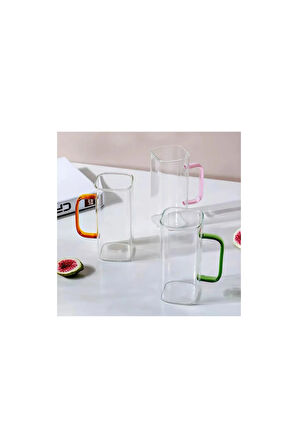 Yeni Stil Turuncu Renkli Borosilikat Cam Kare Nescafe,Latte,Kahve Kulplu Kupa 350 ML 2 Adet 2950