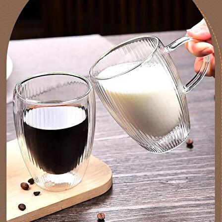 Çift Cidarlı Çizgili Cam,Kahve,Latte,Ekspresso,Meşrubat 300 ML Bardak Seti 6 Adet 2322