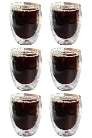 Çift Cidarlı Çizgili Cam,Kahve,Latte,Ekspresso,Meşrubat 300 ML Bardak Seti 6 Adet 2322