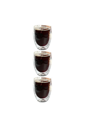 Çift Cidarlı Çizgili Cam, Kahve, Latte, Espresso, Meşrubat 300 ml Bardak Seti 3 Adet 2322