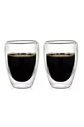 Çift Cidarlı Çizgili Cam,Kahve,Latte,Ekspresso,Meşrubat 300 ML Bardak Seti 2 Adet 2322