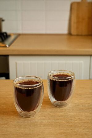 Çift Cidarlı Çizgili Cam,Kahve,Latte,Ekspresso,Meşrubat 300 ML Bardak Seti 2 Adet 2322