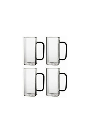 Kare Cam Siyah Kulplu Latte,Meşrubat,Nescafe,Süt,Su Bardağı 350 ML 4 Adet