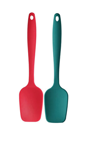 Büyük Boy Yanmaz Yapışmaz Kırmızı Düz ve Yeşil Düz Silikon Spatula Seti 2 Adet