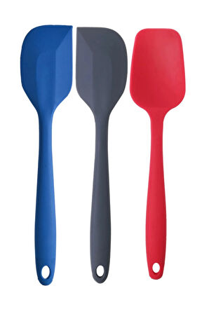 Büyük Boy Yanmaz Yapışmaz Mavi-Antrasit Yassı  ve Kırmızı Düz Silikon  Spatula Seti 3 Adet