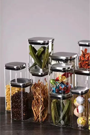 Vakum Krom Kapaklı Kare Cam Kavanoz 450ML 350ML 300ML Saklama Kabı 9 Adet