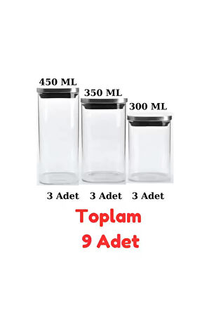 Vakum Krom Kapaklı Kare Cam Kavanoz 450ML 350ML 300ML Saklama Kabı 9 Adet