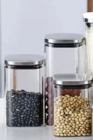 Vakum Krom Kapaklı Kare Cam Kavanoz 450ML 350ML Saklama Kabı 6 Adet