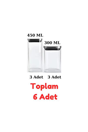 Vakum Krom Kapaklı Kare Cam Kavanoz 450ML 300ML Saklama Kabı 6 Adet