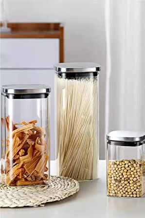 Vakum Krom Kapaklı Kare Cam Kavanoz 6,5X14,2 Cm - 400 ML Cam Baharatlık Saklama Kabı 6 Adet