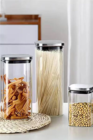 Vakum Krom Kapaklı Kare Cam Kavanoz 6,5X14,2 Cm - 400 ML Cam Baharatlık Saklama Kabı 4 Adet