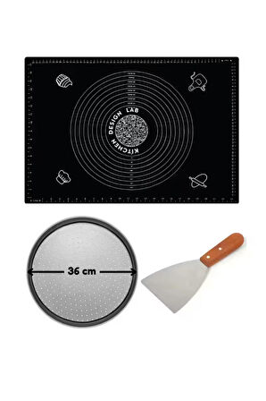 Siyah Hamur Açma Matı 45 X 65 Cm, 36 Cm Pizza Tepsisi Ve Ahşap Uzun Saplı Hamur ve Pizza Kesici