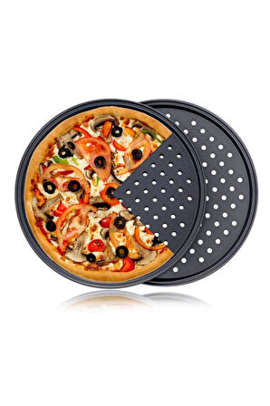 Paslanmaz Karbon Çelik, Delikli, Yanmaz Yapışmaz 32 Cm Büyük Boy Pizza ve Lahmacun Tepsisi