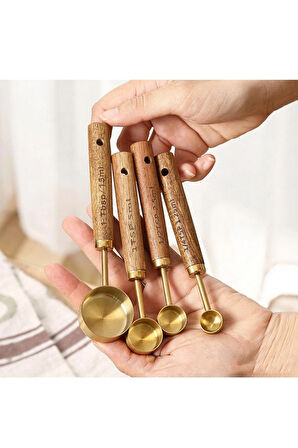 Bambu Saplı Paslanmaz Çelik Gold Renk 4 Boy Ölçü Kaşığı Seti