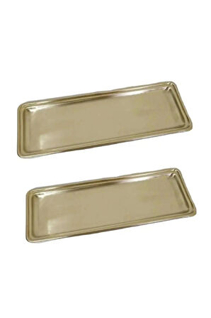 Paslanmaz Çelik Gold Renk Dikdörtgen Dar Metal Düz Sunum Tepsisi Çay Kahve Tatlı Sunum 3 Adet