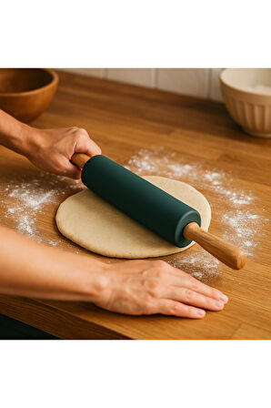 Bambu Saplı Siyah Silikon Merdane-Oklava Tekli-Hamur,Börek,Baklava Açma Merdanesi 42 cm
