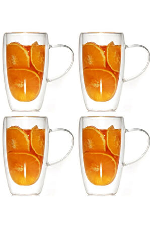 Çift Cidarlı Kahve,Latte,Meşrubat Cam Kupa Seti 400 ML 4 Adet 2039