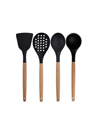 Siyah Bambu Silikon - Kepçe, Kaşık, Kevgir, Makarna, Açılı - Düz Spatula, Metal - Silikon Maşa Set