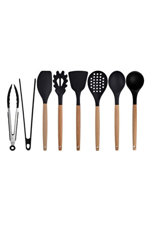 Siyah Bambu Silikon - Kepçe, Kaşık, Kevgir, Makarna, Açılı - Düz Spatula, Metal - Silikon Maşa Set