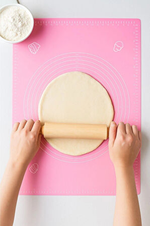 2'li Set Pembe 45x65 Cm Silikon Hamur Açma Matı Ve Çelik Spatula Hamur Kesici
