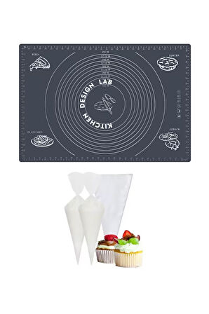 2'li Set Gri 45x65 Cm Silikon Hamur Açma Matı Ve Kullan At Krema Torbası