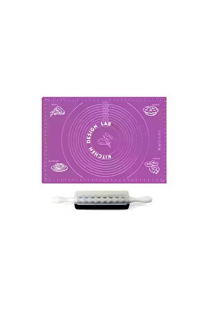 2'li Set Mor 45x65 cm Silikon Hamur Açma Matı Ve 9 Bıçaklı Mantımatik