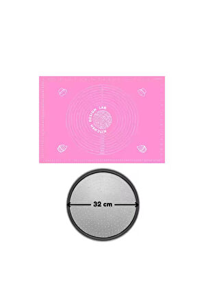 2li Set Pembe 45x65 cm Silikon Hamur Açma Matı Ve Pizza Tepsisi 32 cm