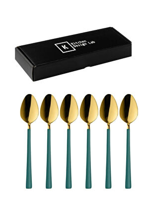 Parlak Gold Yeşil Tatlı Dondurma Kaşığı 6 Adet, Kutulu Paslanmaz Çelik Kahvaltı Kaşık Seti Hediyelik